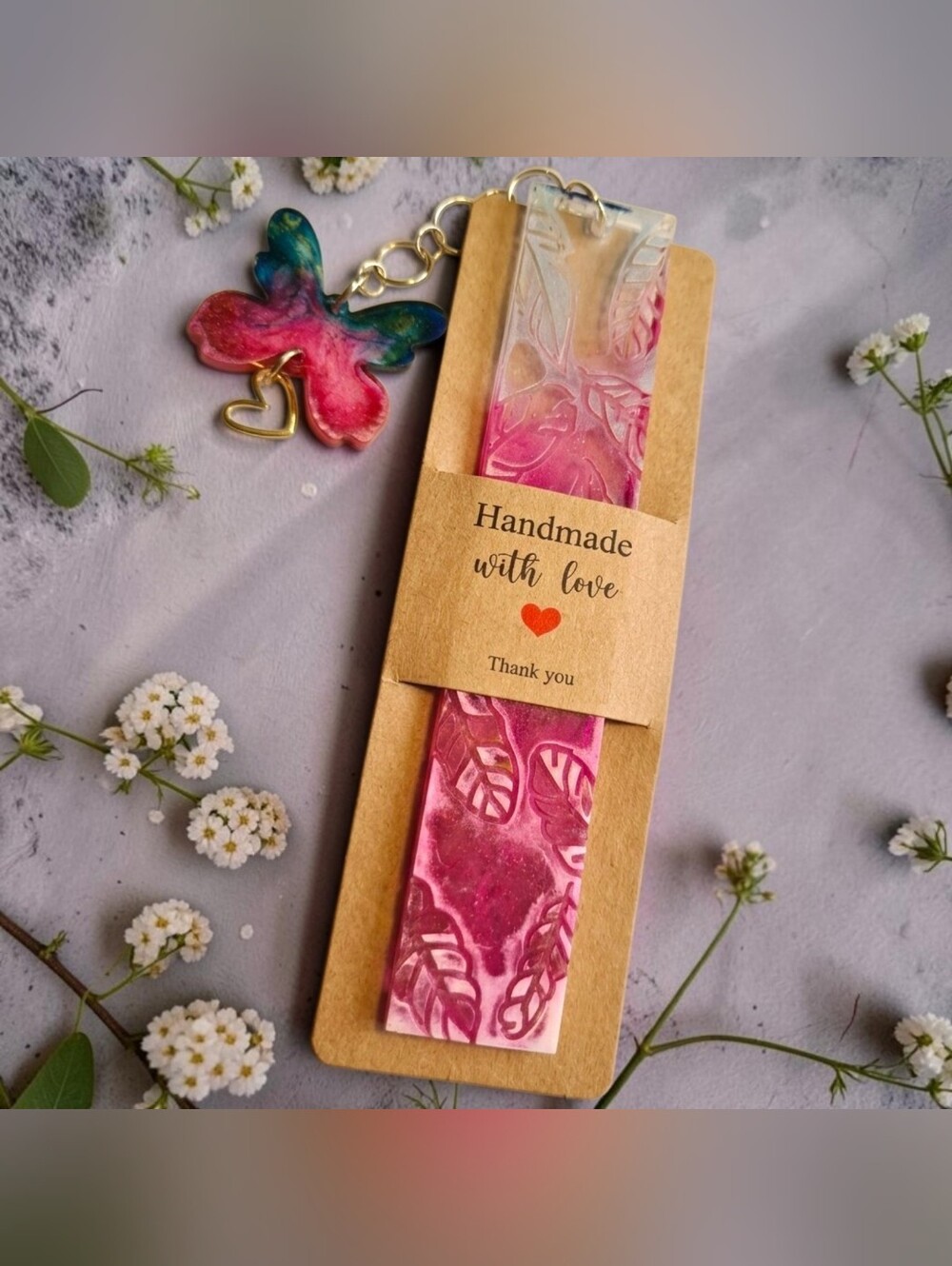 Pink Botanical Floral Resin Bookmark w/ Butterfly & Heart Dangle